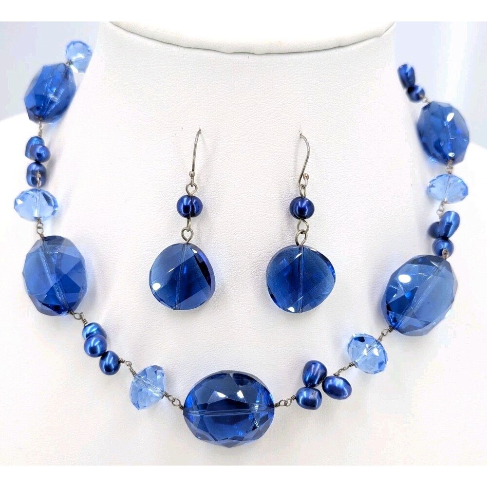 Vintage 925 Silver Necklace Earrings Set Cobalt Blue Glass Faceted Beads 19 In